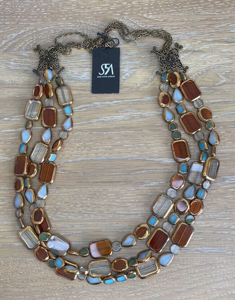 SFA Multi Layer Glass Beaded Necklace in Clear, Amber, Lt Blue & Gold